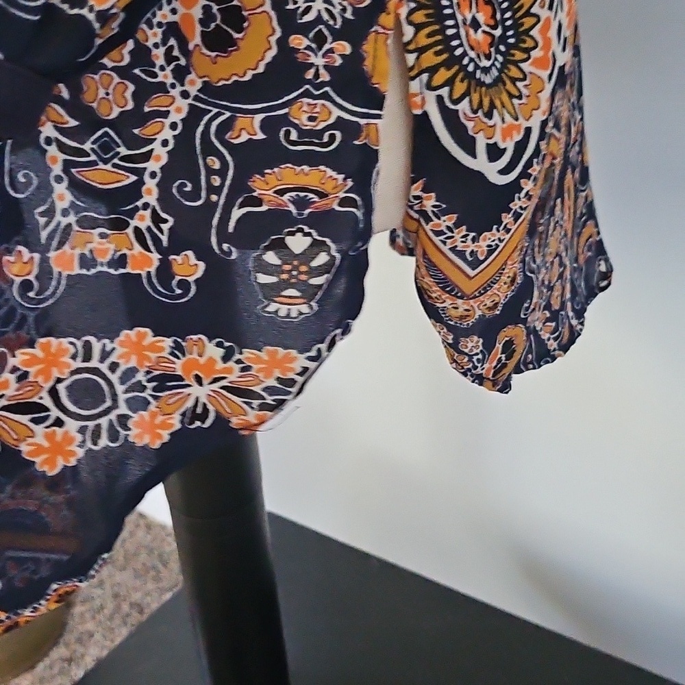 Valerie Stevens Navy, Orange, and Gold Patterned Popover Blouse - Picture 8 of 14